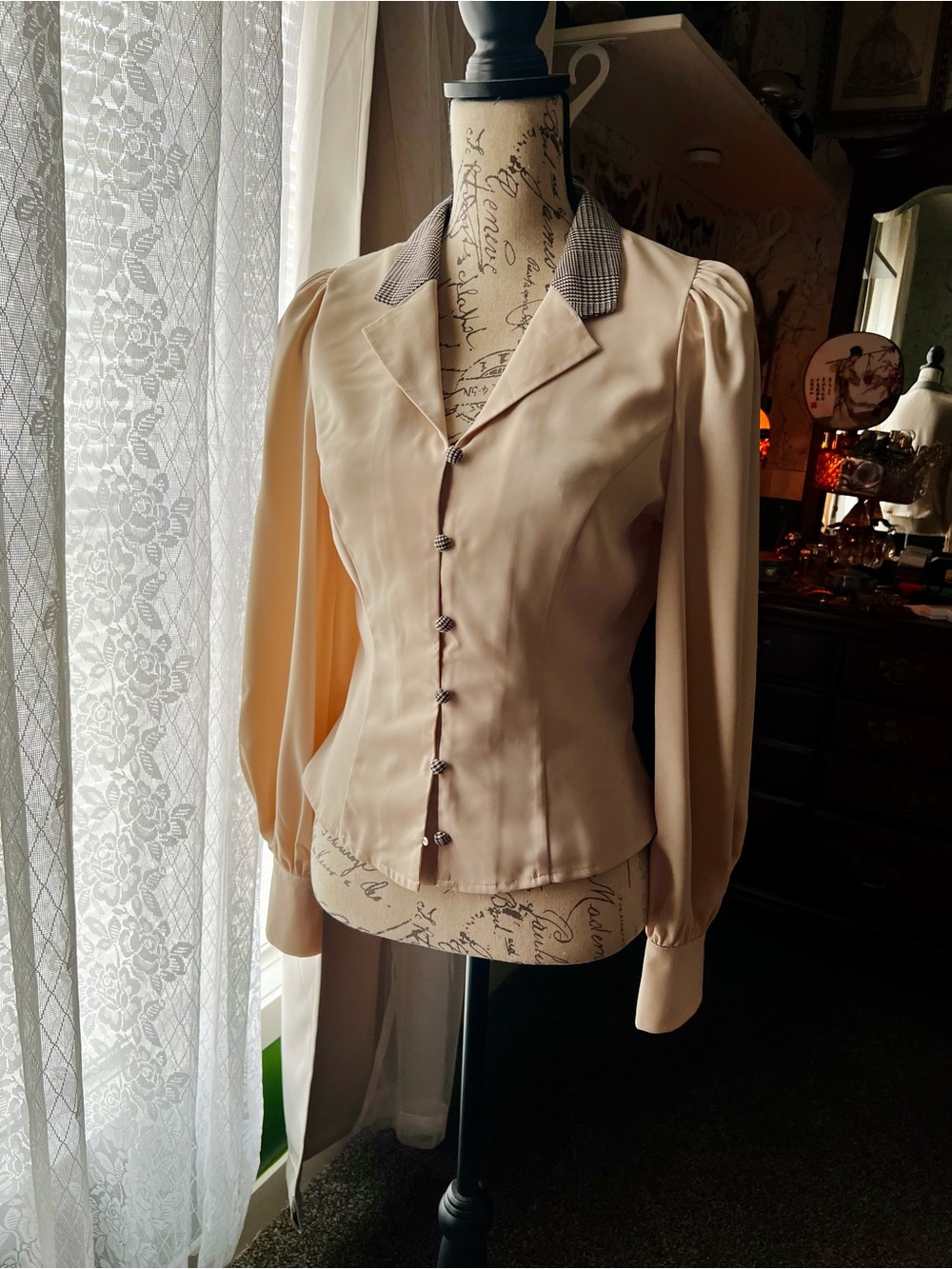 SHEIN Black-and-Cream Checked Collar Blouse